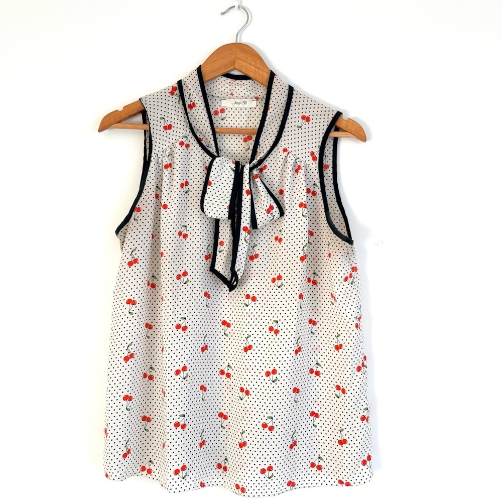 Jessy B. Cherry Print Polka Dot Tie-Neck Blouse | Retro Sleeveless Top